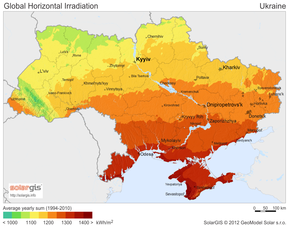 Średnie nasłonecznienie na Ukrainie w latach 1994-2010. SolarGIS 2012